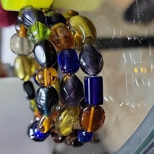 Hand Crafted Vintage glass beads memory wire stacked bracelet blue green orange